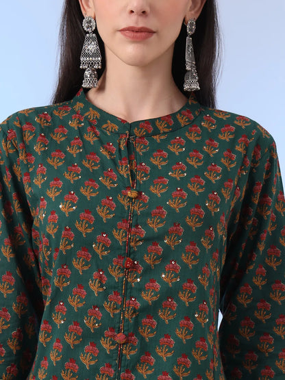 Green Floral A-Line Sequins Work Kurta And Trouser With Dupatta Set