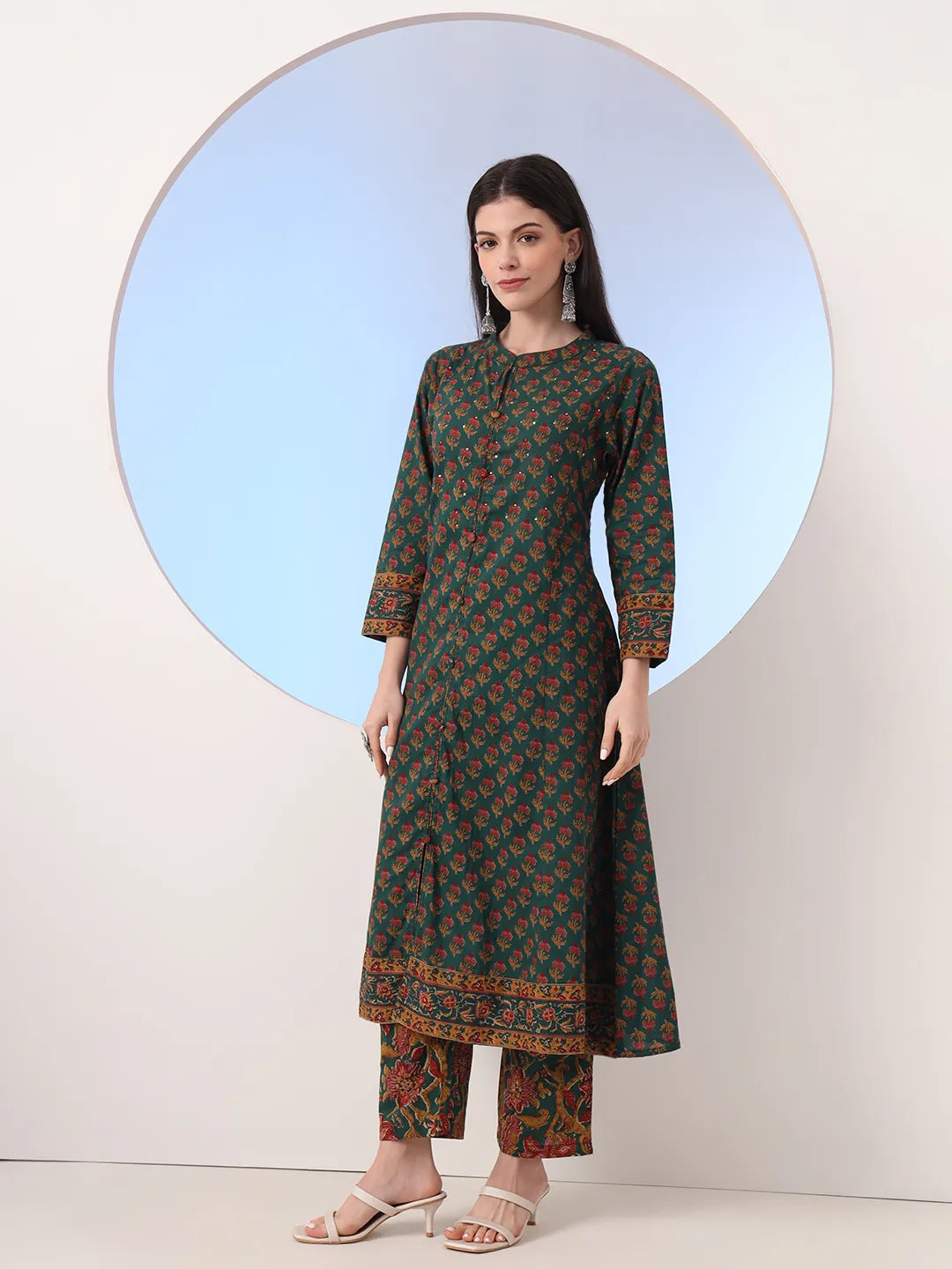 Green Floral A-Line Sequins Work Kurta And Trouser With Dupatta Set