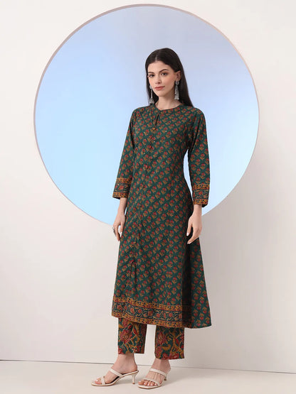 Green Floral A-Line Sequins Work Kurta And Trouser With Dupatta Set