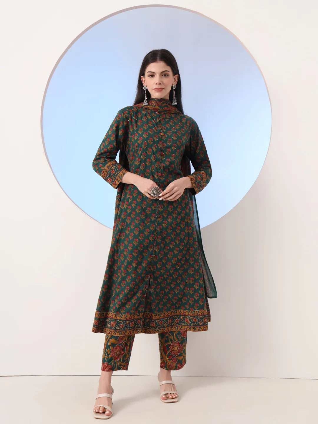 Green Floral A-Line Sequins Work Kurta And Trouser With Dupatta Set