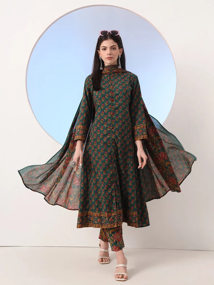 Green Floral A-Line Sequins Work Kurta And Trouser With Dupatta Set