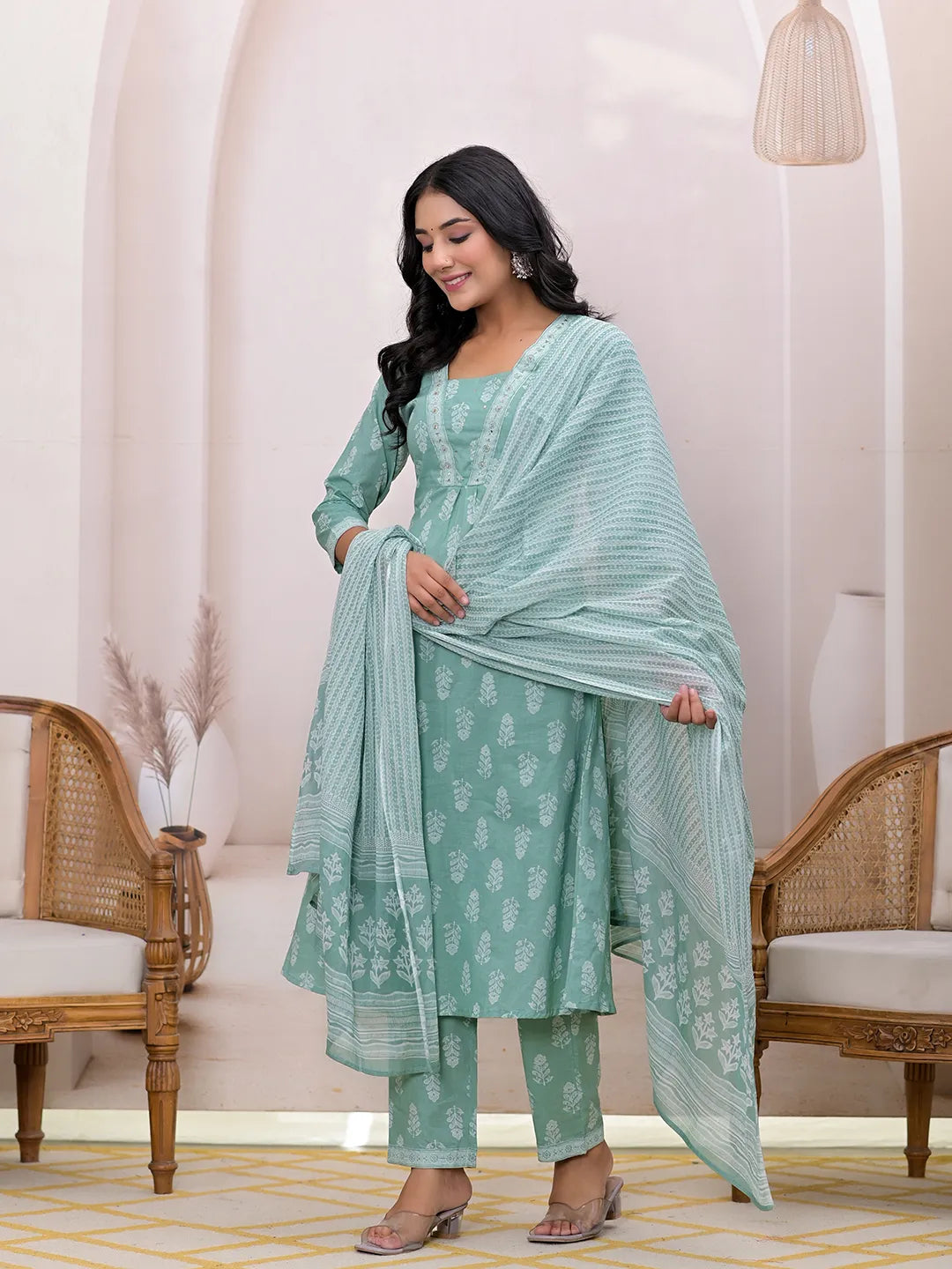 Green Floral Cotton A Line Suit Set