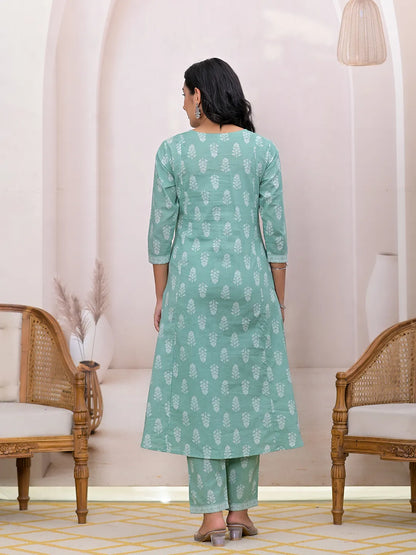 Green Floral Cotton A Line Suit Set