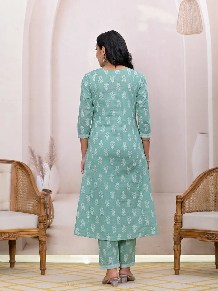 Green Floral Cotton A Line Suit Set