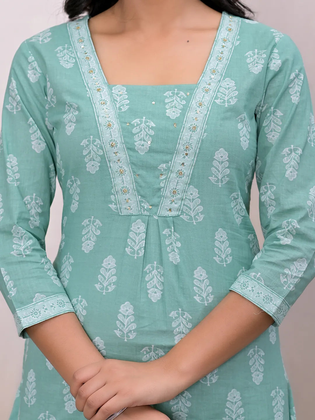 Green Floral Cotton A Line Suit Set