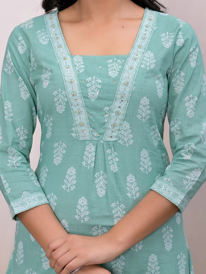 Green Floral Cotton A Line Suit Set
