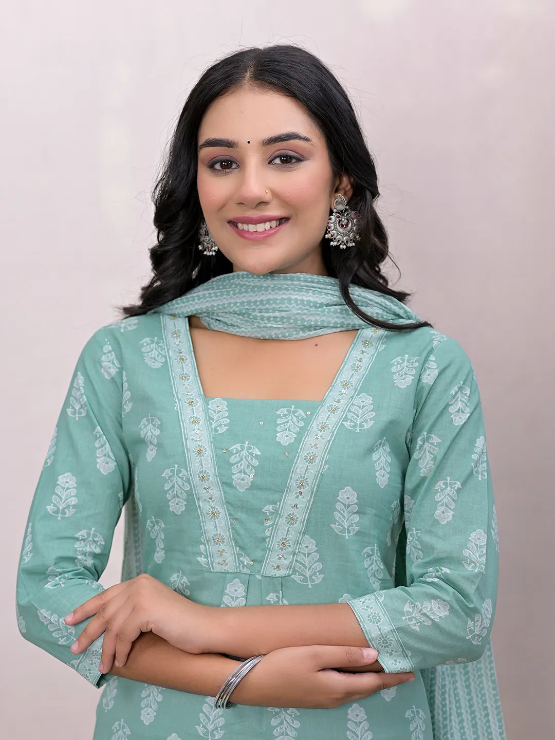 Green Floral Cotton A Line Suit Set