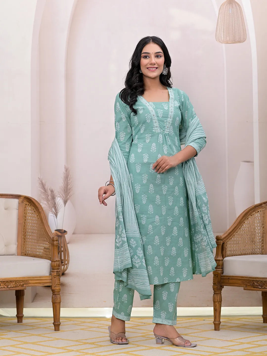 Green Floral Cotton A Line Suit Set