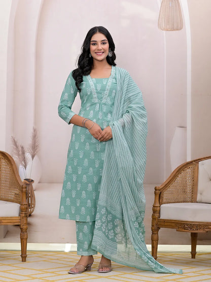 Green Floral Cotton A Line Suit Set