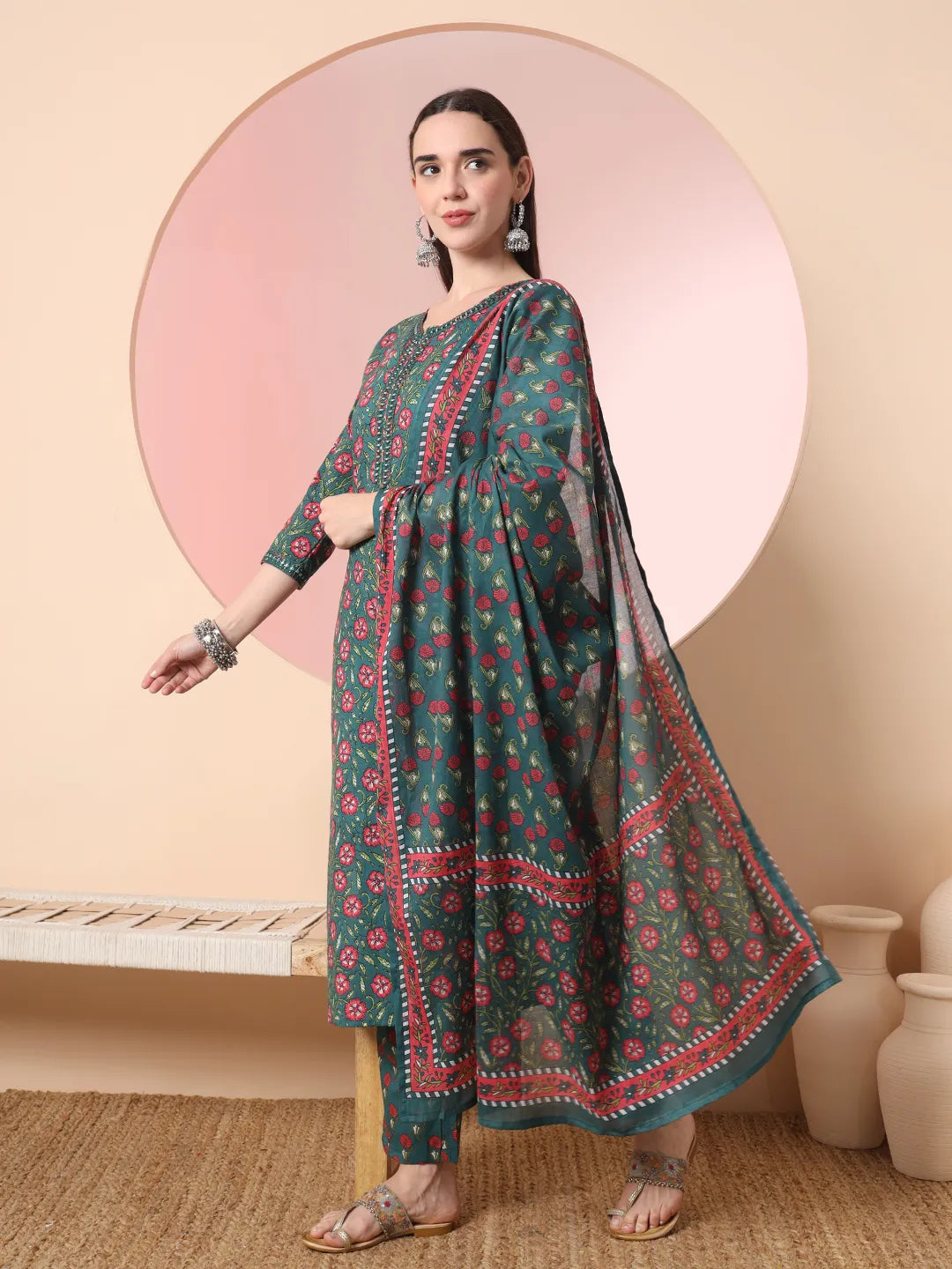 Floral Embroidered Kurta with Trousers with dupatta Set