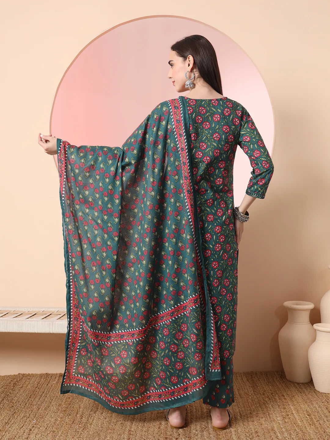 Floral Embroidered Kurta with Trousers with dupatta Set