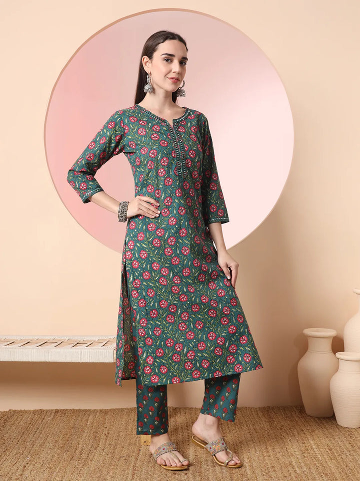 Floral Embroidered Kurta with Trousers with dupatta Set