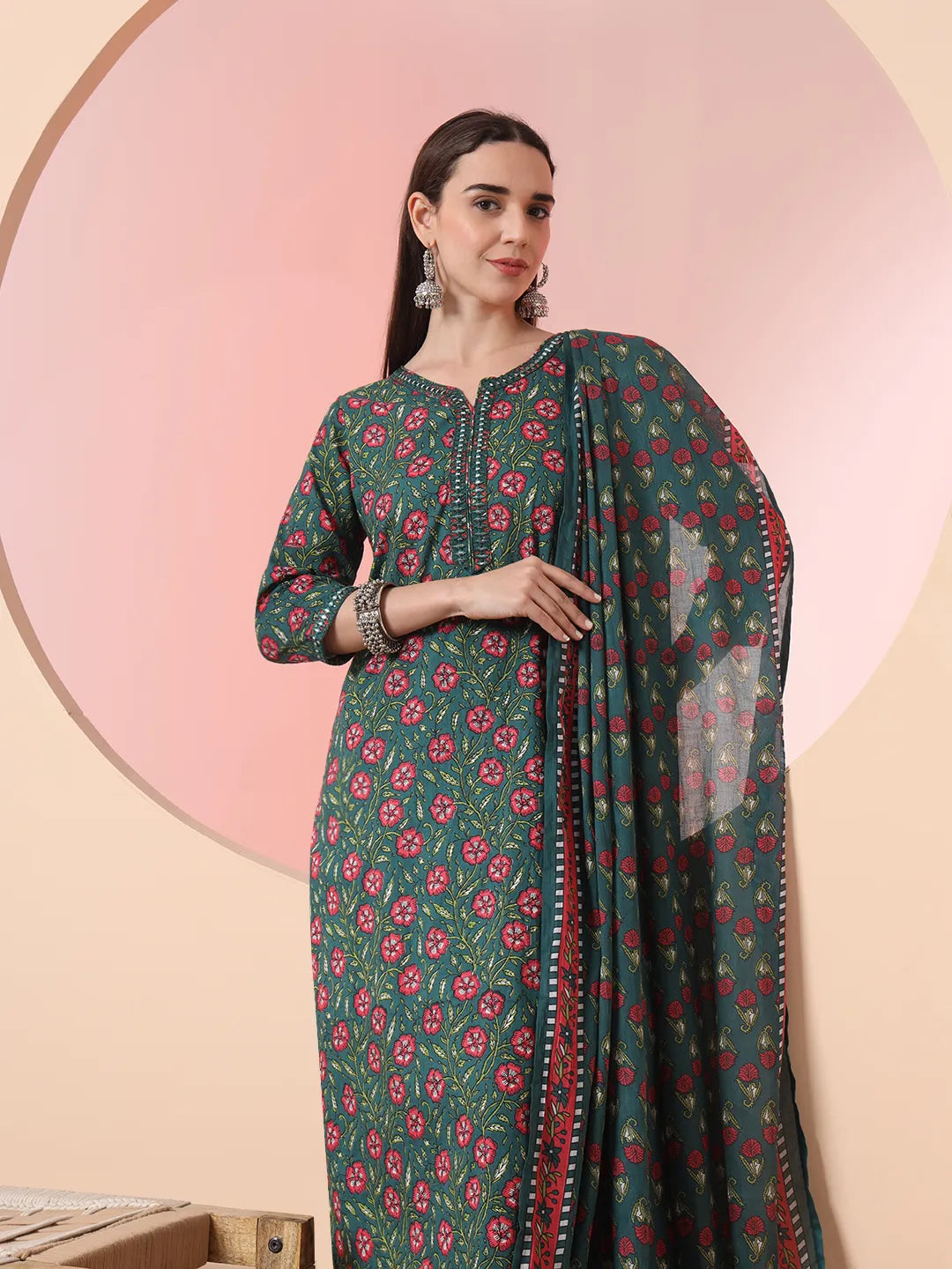 Floral Embroidered Kurta with Trousers with dupatta Set