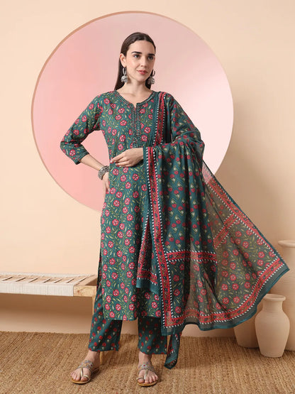 Floral Embroidered Kurta with Trousers with dupatta Set