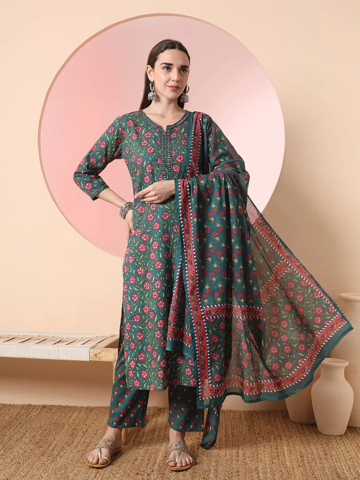 Floral Embroidered Kurta with Trousers with dupatta Set