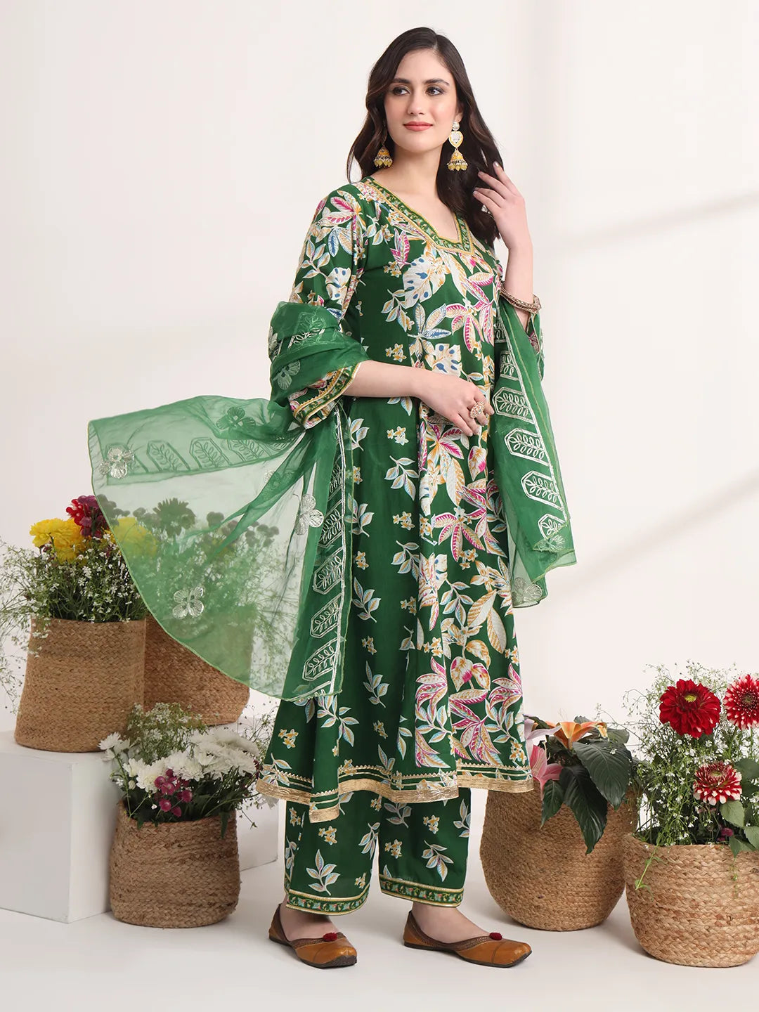 Green Floral Print A-Line Kurta Trouser And Dupatta Set
