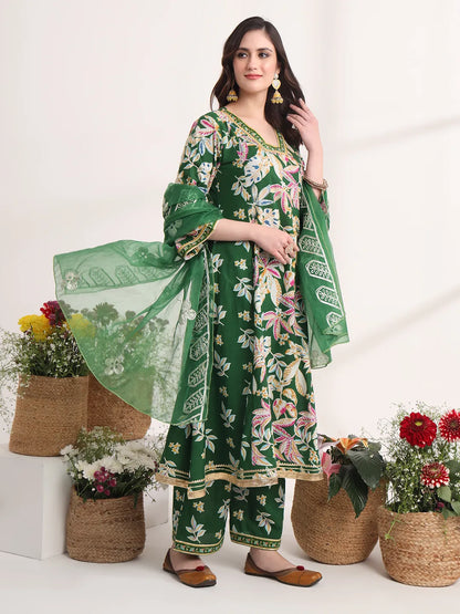 Green Floral Print A-Line Kurta Trouser And Dupatta Set