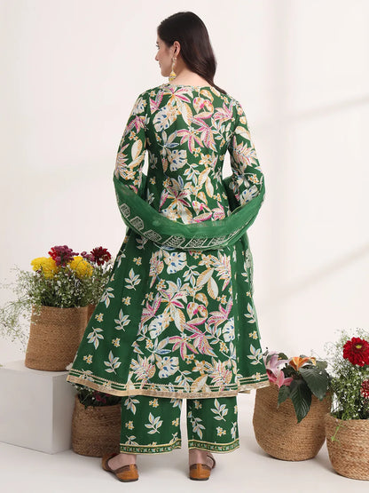 Green Floral Print A-Line Kurta Trouser And Dupatta Set