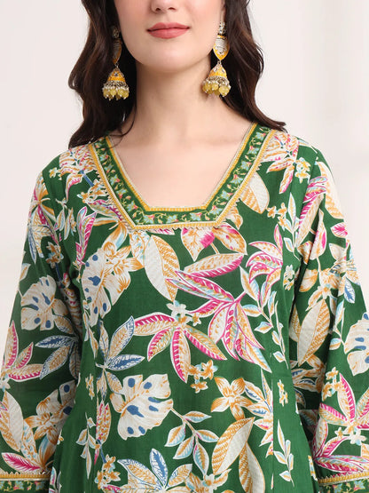 Green Floral Print A-Line Kurta Trouser And Dupatta Set