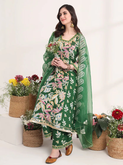 Green Floral Print A-Line Kurta Trouser And Dupatta Set