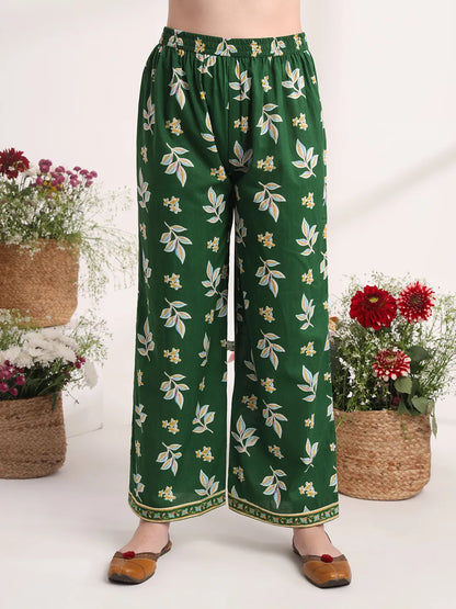 Green Floral Print A-Line Kurta Trouser And Dupatta Set