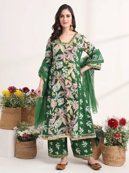 Green Floral Print A-Line Kurta Trouser And Dupatta Set