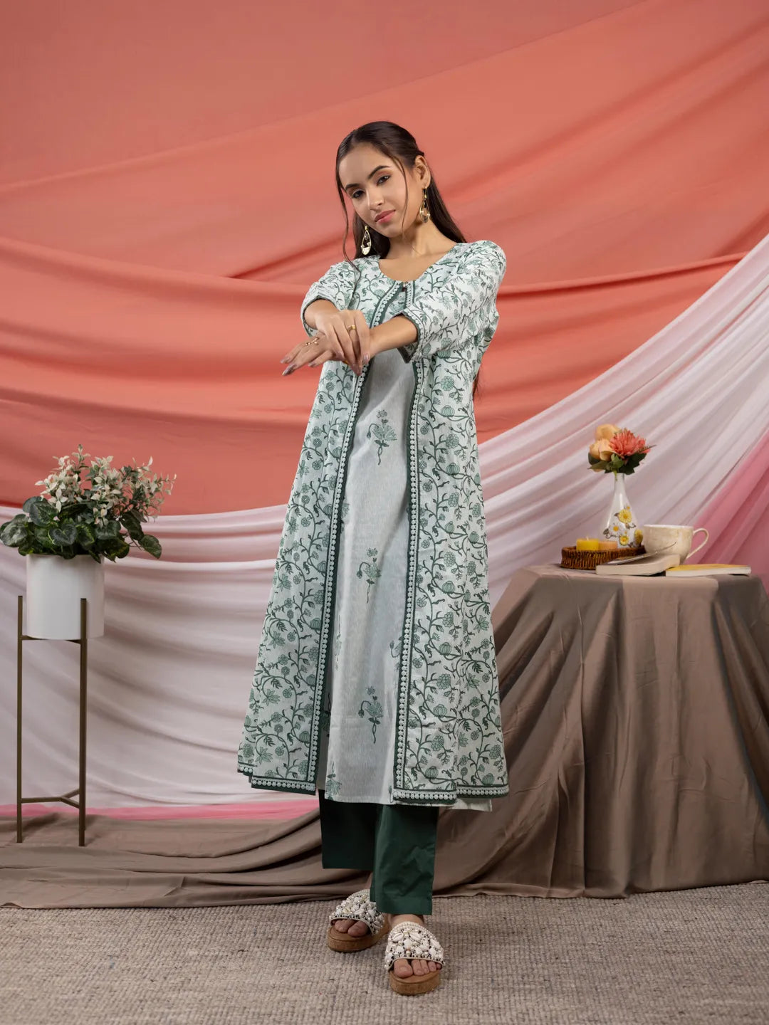 Green Floral Print Cotton A Line Kurta Sets Add On Jacket