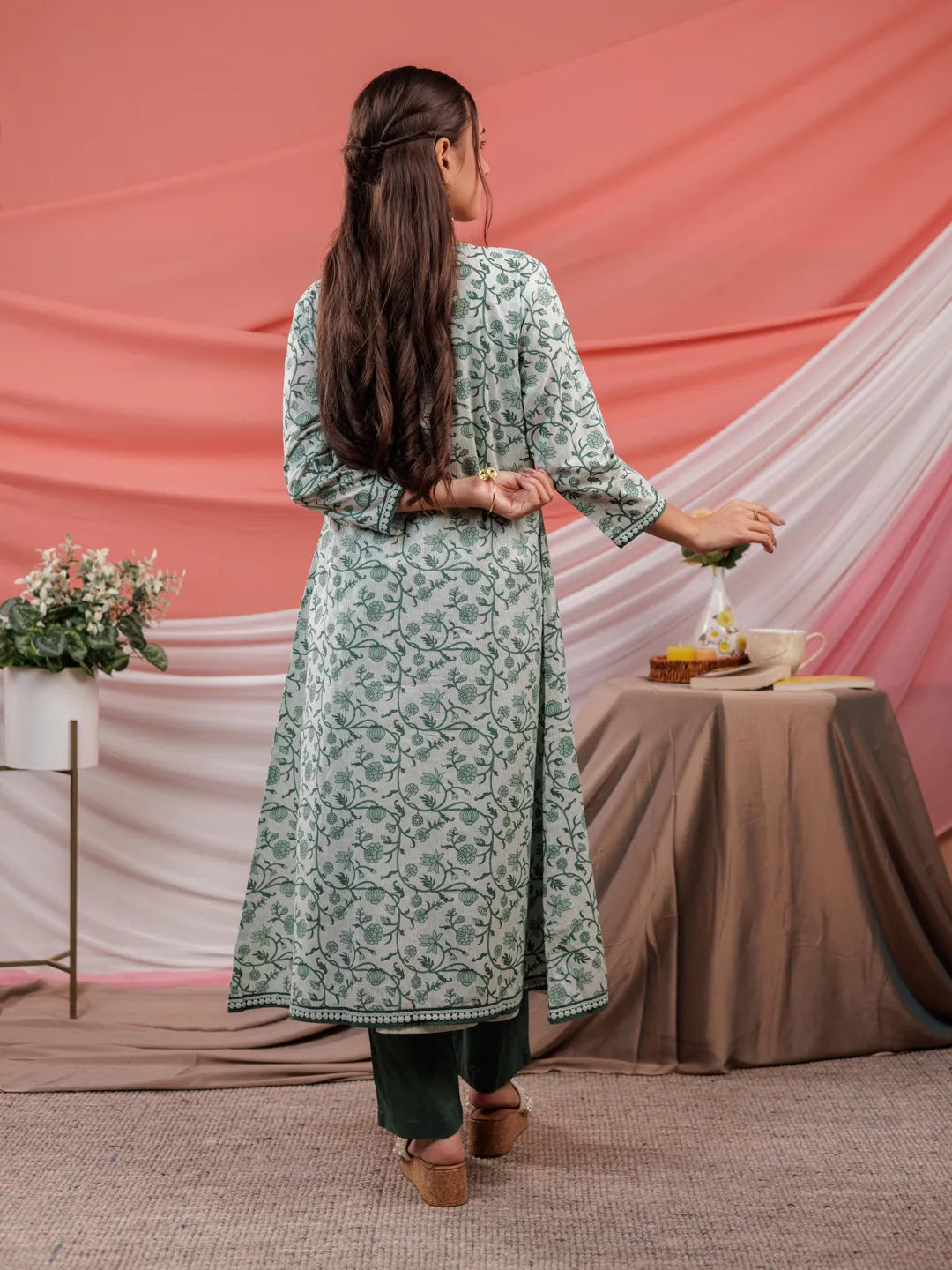 Green Floral Print Cotton A Line Kurta Sets Add On Jacket