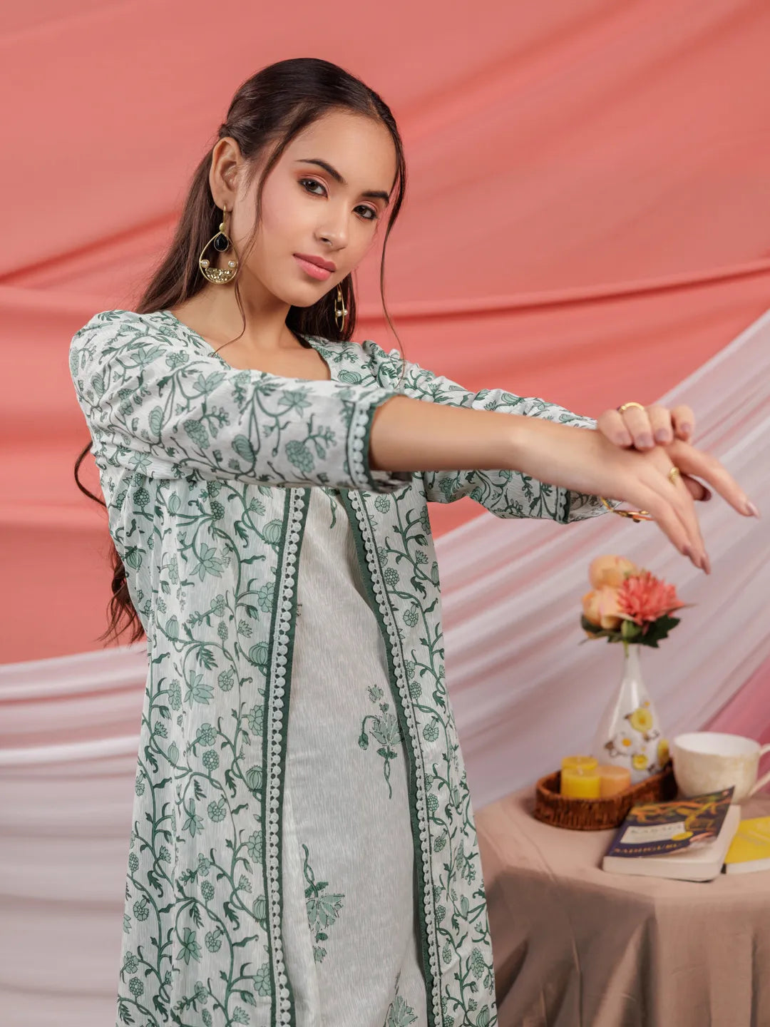 Green Floral Print Cotton A Line Kurta Sets Add On Jacket