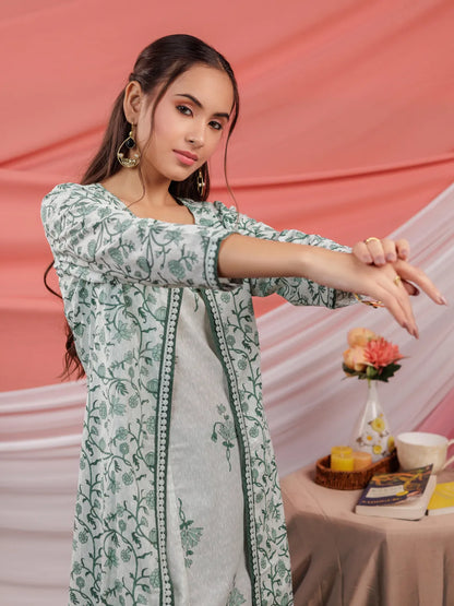 Green Floral Print Cotton A Line Kurta Sets Add On Jacket