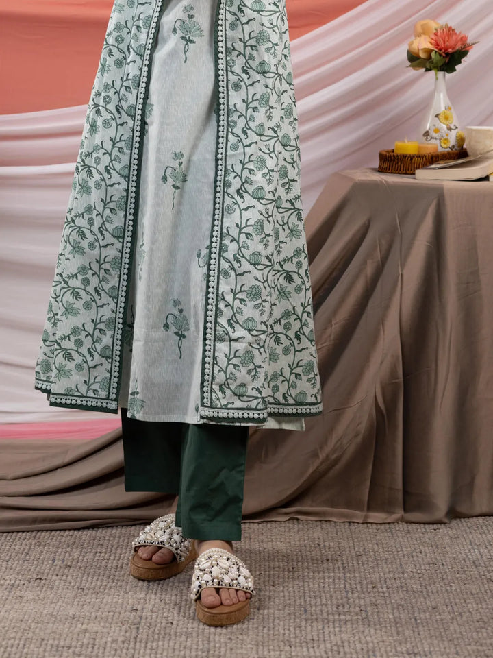 Green Floral Print Cotton A Line Kurta Sets Add On Jacket