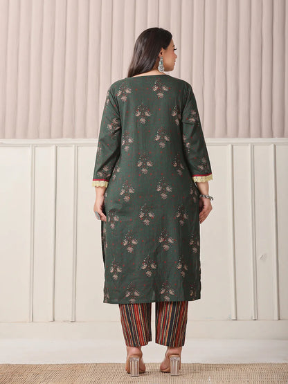 Green Floral Print Patch & Lace Work Plus Size Kurta Set With Pant & Dupatta