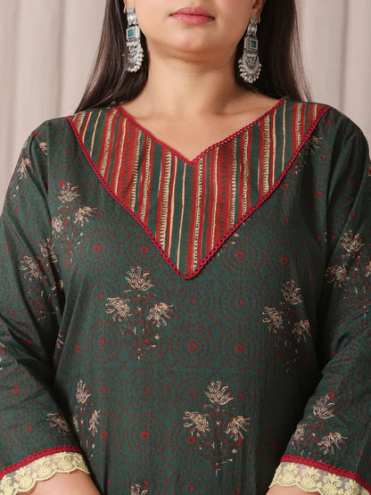 Green Floral Print Patch & Lace Work Plus Size Kurta Set With Pant & Dupatta