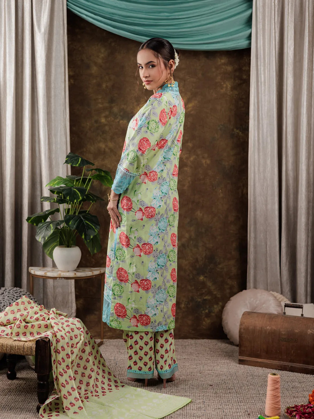 Green Floral Print Pure Cotton Beads Straight Kurta Dupatta Set With Lace Detailing