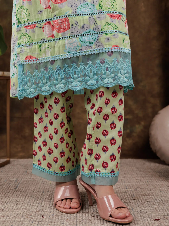 Green Floral Print Pure Cotton Beads Straight Kurta Dupatta Set With Lace Detailing