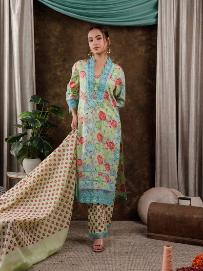 Green Floral Print Pure Cotton Beads Straight Kurta Dupatta Set With Lace Detailing