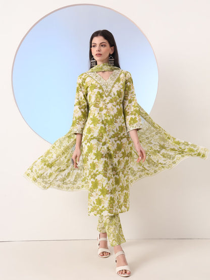 Green Floral Print Straight Thread Work Kurta And Trouser With Dupatta Set