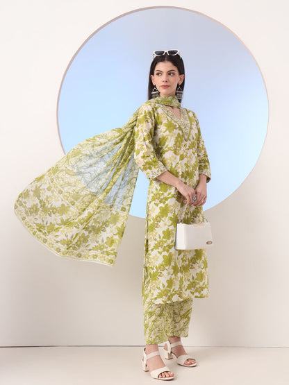 Green Floral Print Straight Thread Work Kurta And Trouser With Dupatta Set