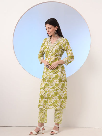 Green Floral Print Straight Thread Work Kurta And Trouser With Dupatta Set