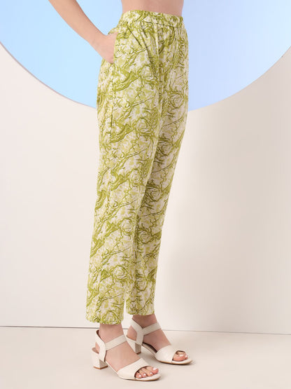 Green Floral Print Straight Thread Work Kurta And Trouser With Dupatta Set