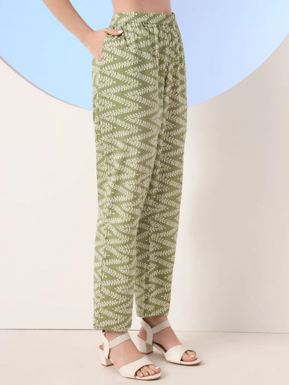 Green Floral Print Straight Zari Work Kurta And Trouser With Dupatta Set