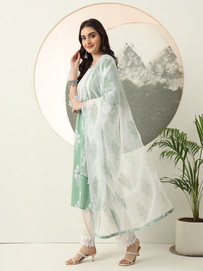 Green Floral Printed Straight Kurta Trouser Dupatta Set
