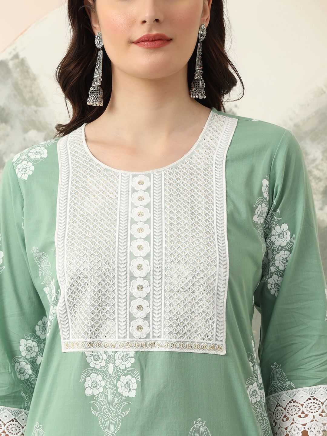 Green Floral Printed Straight Kurta Trouser Dupatta Set