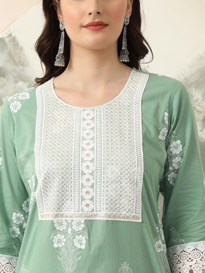 Green Floral Printed Straight Kurta Trouser Dupatta Set