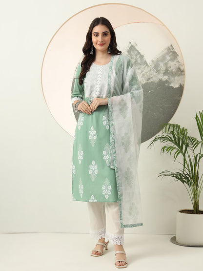 Green Floral Printed Straight Kurta Trouser Dupatta Set