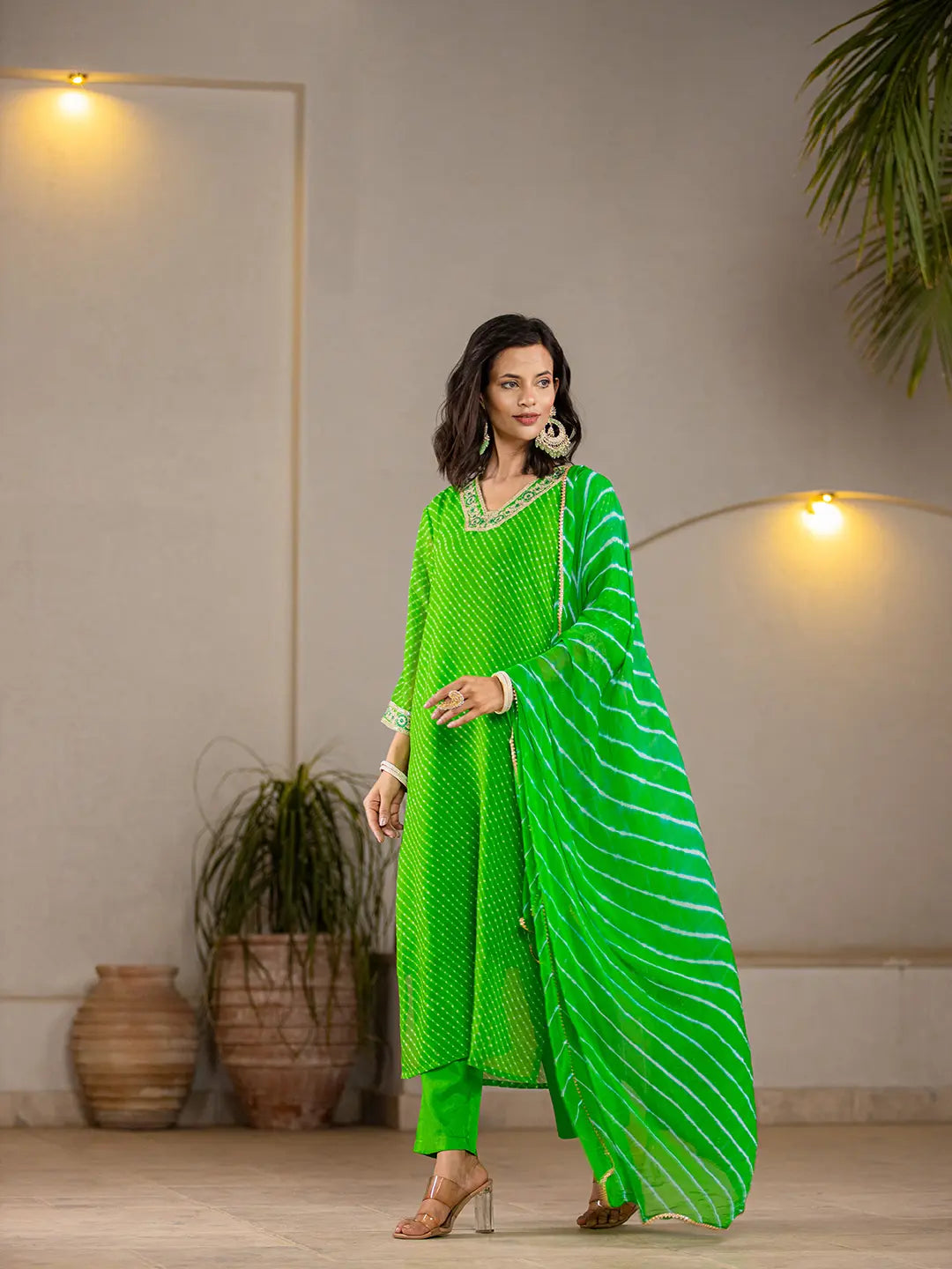 Green Georgette Lahiya Kurta Dupatta Set