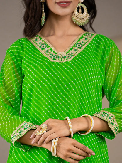 Green Georgette Lahiya Kurta Dupatta Set