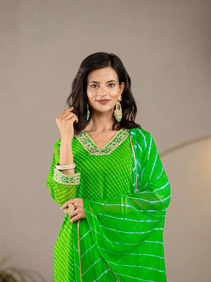 Green Georgette Lahiya Kurta Dupatta Set