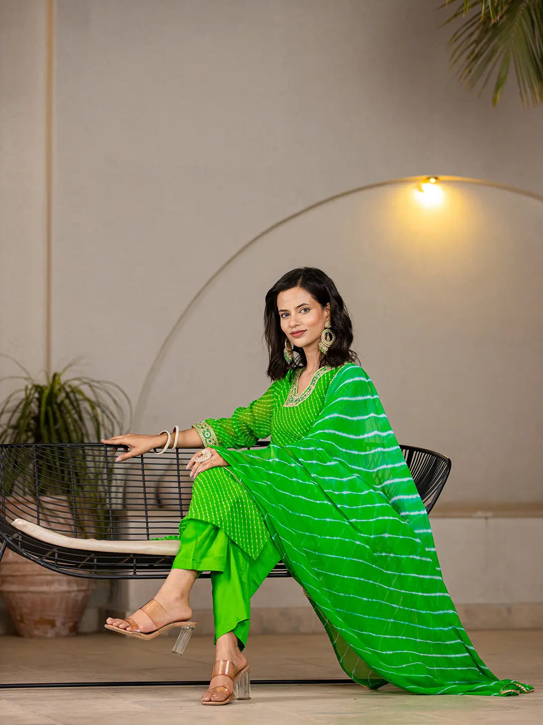 Green Georgette Lahiya Kurta Dupatta Set