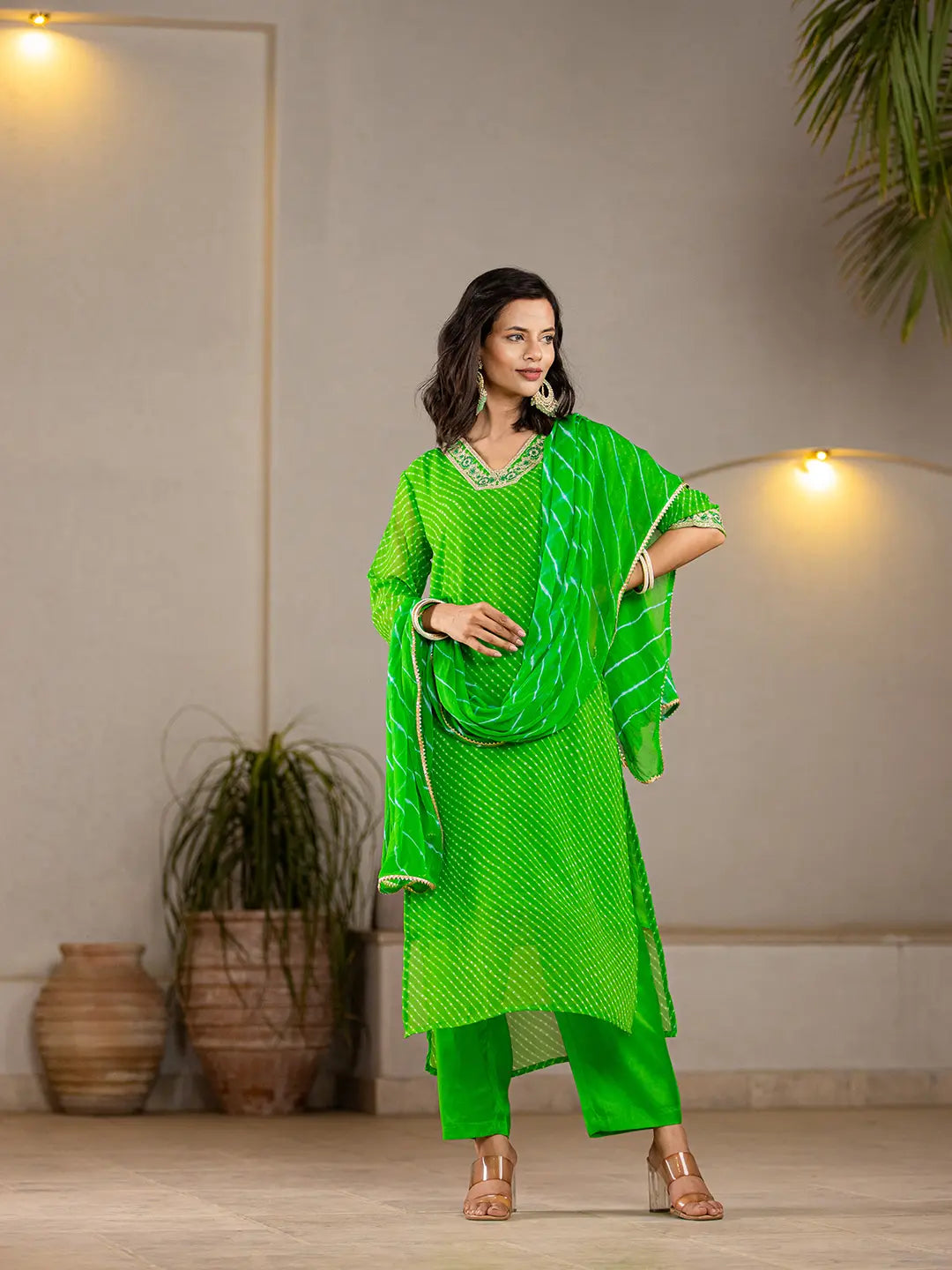 Green Georgette Lahiya Kurta Dupatta Set